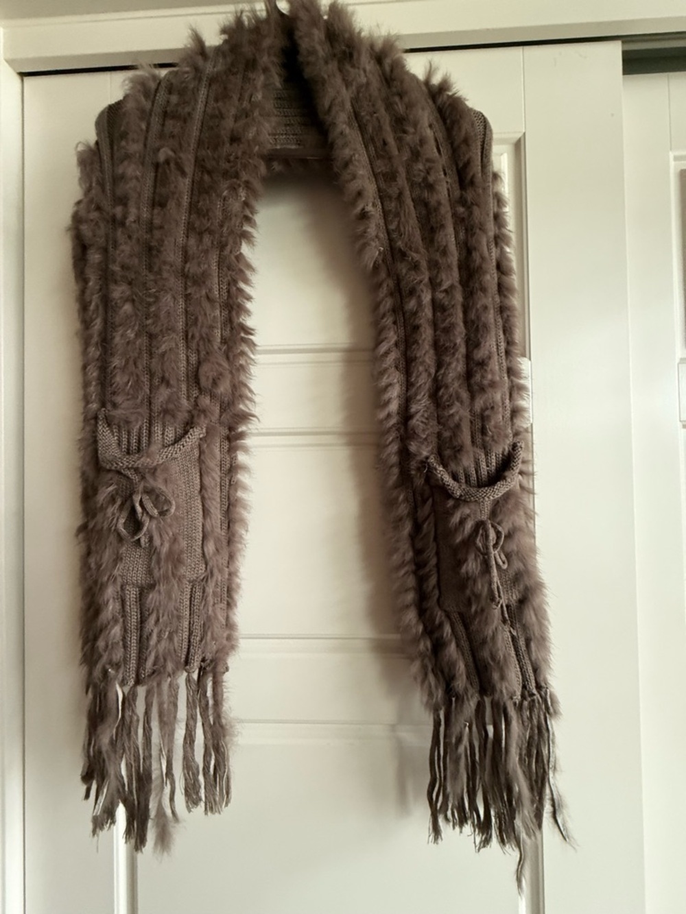 Faux Fur Knit Fringe Scarf in Taupe